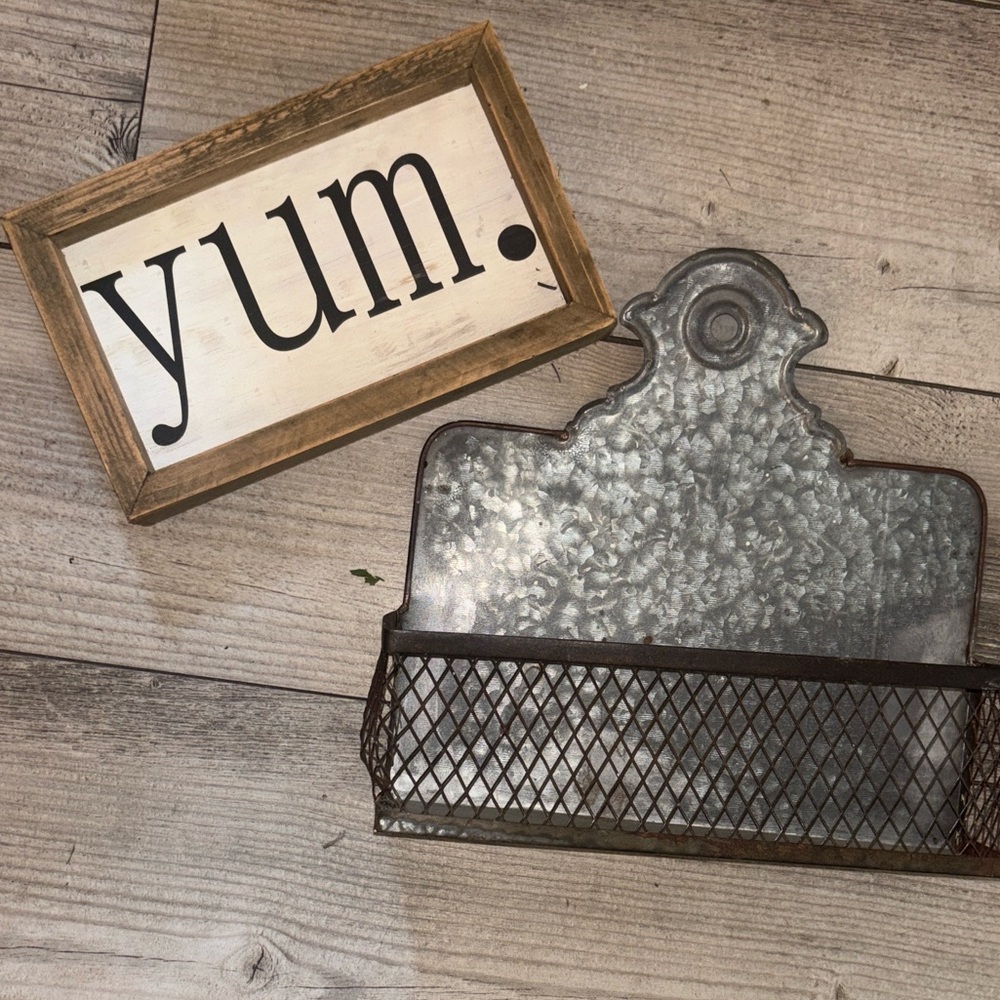 Metal Wall Organizer with Mesh Basket and Kitchen Sign Home Decor